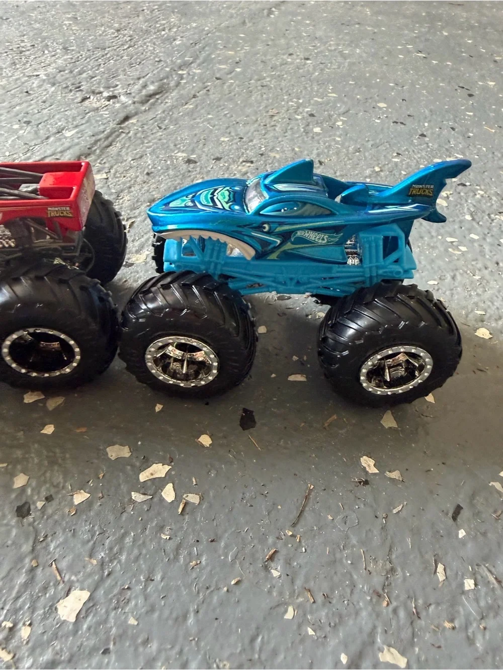 Hot Wheels Monster Trucks collection green Race Ace, Demo Derby and shark wreck